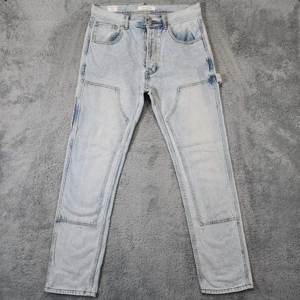 PacSun Double Knee Jeans Mens 31x32 Blue Light Wash Vintage Loose Carpenter